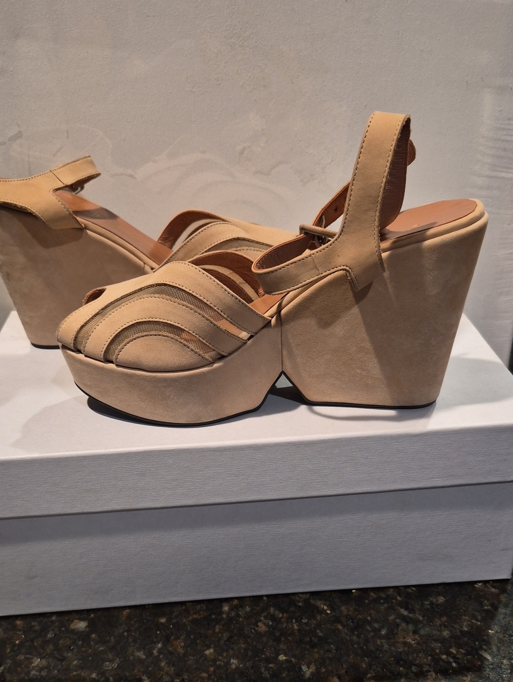 Robert Clergerie Nude Beige Platform Slingback Wedges